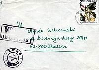 Koperta zaadresowana przez Krystyn w czasie stanu wojennego z dopiskiem - wolny od cenzury - fot. (co.) copyright by Marek Cichomski